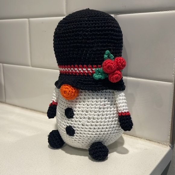 Handcrafted Snowman Gnome with Holly Winter Holiday Seasonal Christmas Crochet - Picture 2 of 12